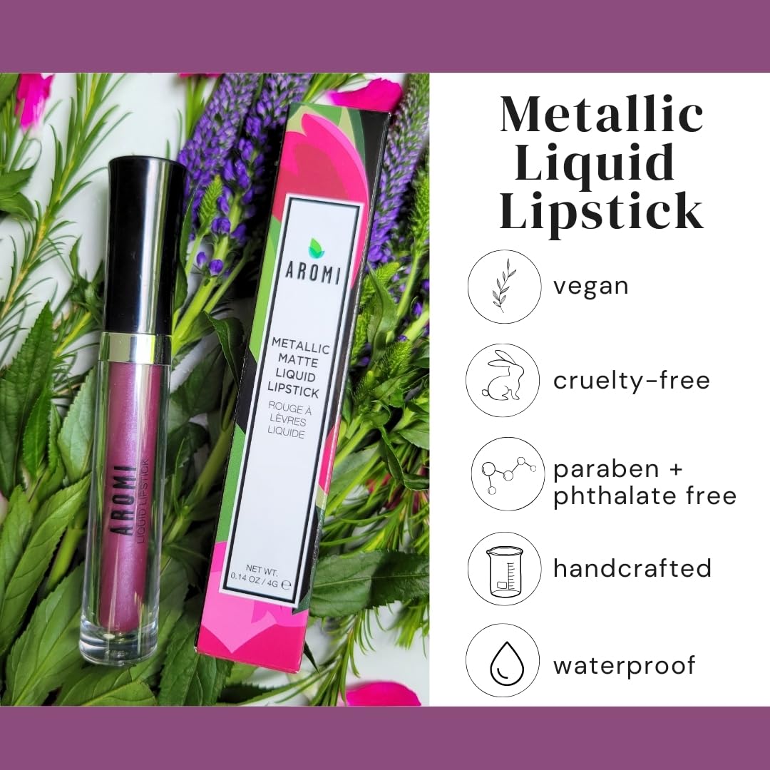 Aromi Metallic Liquid Lipstick | Long-lasting, Waterproof, Lip Color with Shimmery Finish, Vegan, Cruelty-free, Gluten and Paraben Free, Made in USA, Handmade (Vulgar Violet)