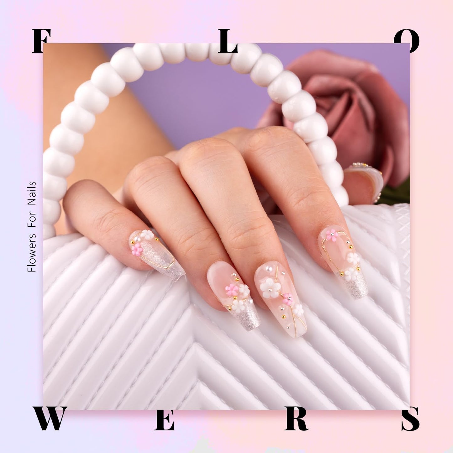 3D Flowers, Manicure Kit with Nail Rhinestone Glue Gel, Colorful Acrylic Flower Nail Charms with Caviar Beads, Rhinestones for Nails with Gem Glue for Nails (UV/LED Needed) with Dotting & Pickup Tools