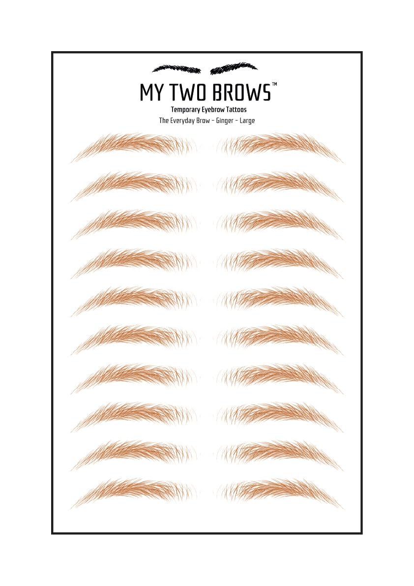 (10 pairs) Ginger Temporary Eyebrow Tattoo - Large Size - Waterproof & Smudgeproof - Everyday Brow Style Eyebrow Stickers - Sheet Lasts up to 30 Days - Won't Work on Existing Brows
