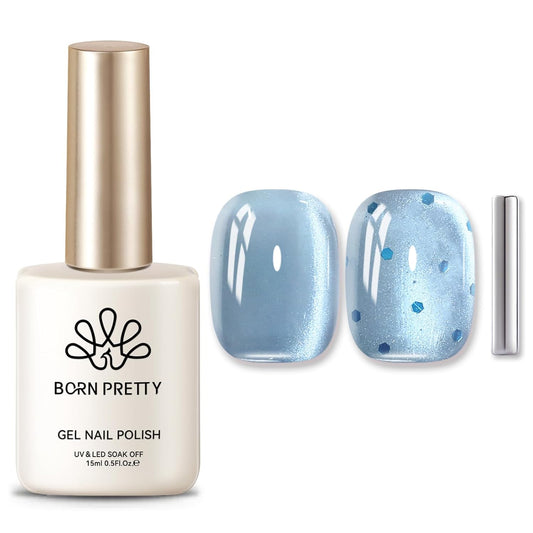BORN PRETTY Cat Magnetic Eye Gel Nail Polish, Blue Glitter Cat Magnetic Gel Nail Polish, Crescent Bay Magnetic Nail Polish for Nail Art Manicure Salon DIY at Home 15ML