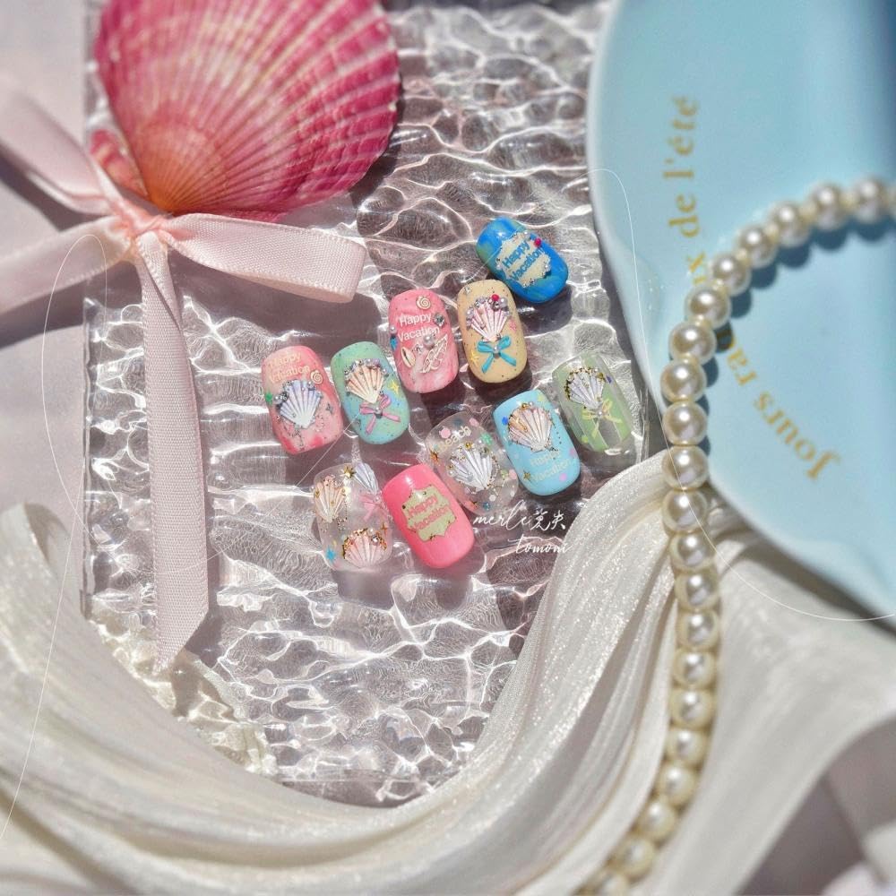 2 Sheets Summer Nail Stickers Colorful 3D Self-Adhesive Beach Conch Nail Decals 5D Embossed Ocean Nail Art Stickers Aurora Pearl Seashell Sticker Manicure Nails Accessories for Women DIY