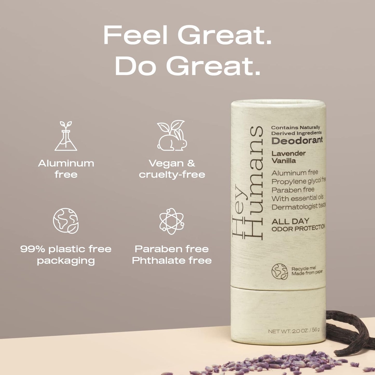 Hey Humans Deodorant, Aluminum Free Deodorant for Women and Men, Contains Naturally Derived Ingredients, All Day Odor Control, Refreshing Deodorant Essential Oils, Lavender Vanilla