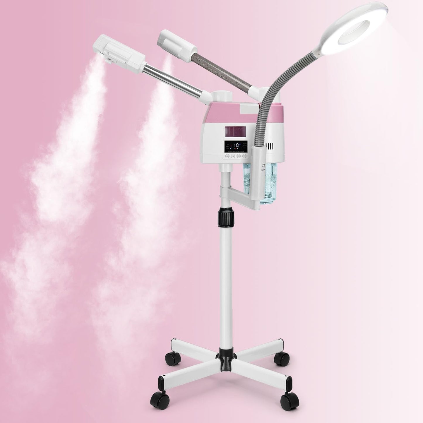 Professional Facial Steamer, 3 in 1 Facial Steamer with 5X Magnifying Lamp Hot&Cool Mist, Esthetician Steamer on Wheels, Stand Face Steamer with Time Setting for Home Salon Spa