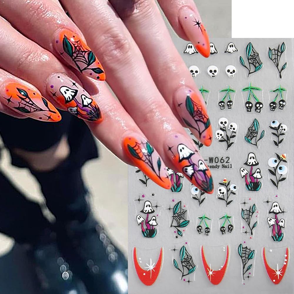 5 Sheets Halloween Nail Art Stickers Horror Ghost Self-Adhesive Embossed Flower Skull Nail Decals - with Cute Sunflower Strawberry Spider Ghost Designs for Women Girls DIY Nail Decoration