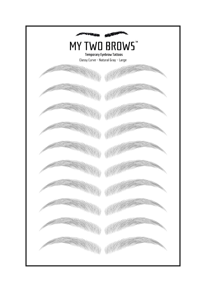 (10 pairs) Natural Grey Temporary Eyebrow Tattoo - Large Size - Waterproof & Smudgeproof - Classy Curve Style Eyebrow Stickers - Sheet Lasts up to 30 Days - Won't Work on Existing Brows