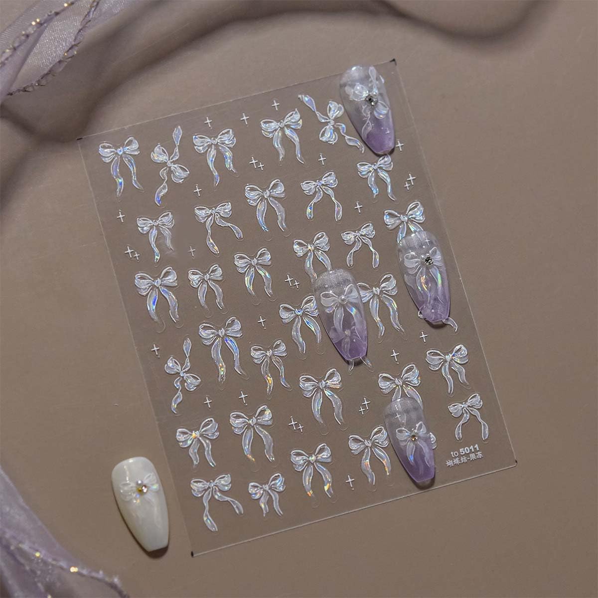 1Sheet Aurora Bow Nail Art Stickers Jelly Bow Nail Decals 5D Embossed White Ribbon Bow Nail Stickers Self-Adhesive Stars Nail Supplies for Women DIY Manicure Decoration