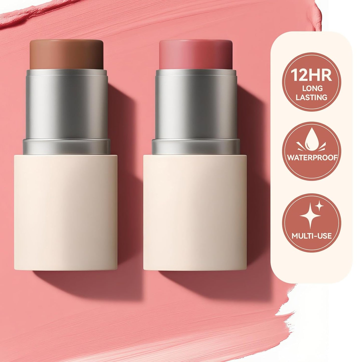 MAANGE Multi-Use Blush Stick, All-in-One Cream Blush for Cheeks, Eyes & Lips Long-Wearing, Blendable Makeup Blush Stick, Creamy & Buildable (O102+R301)