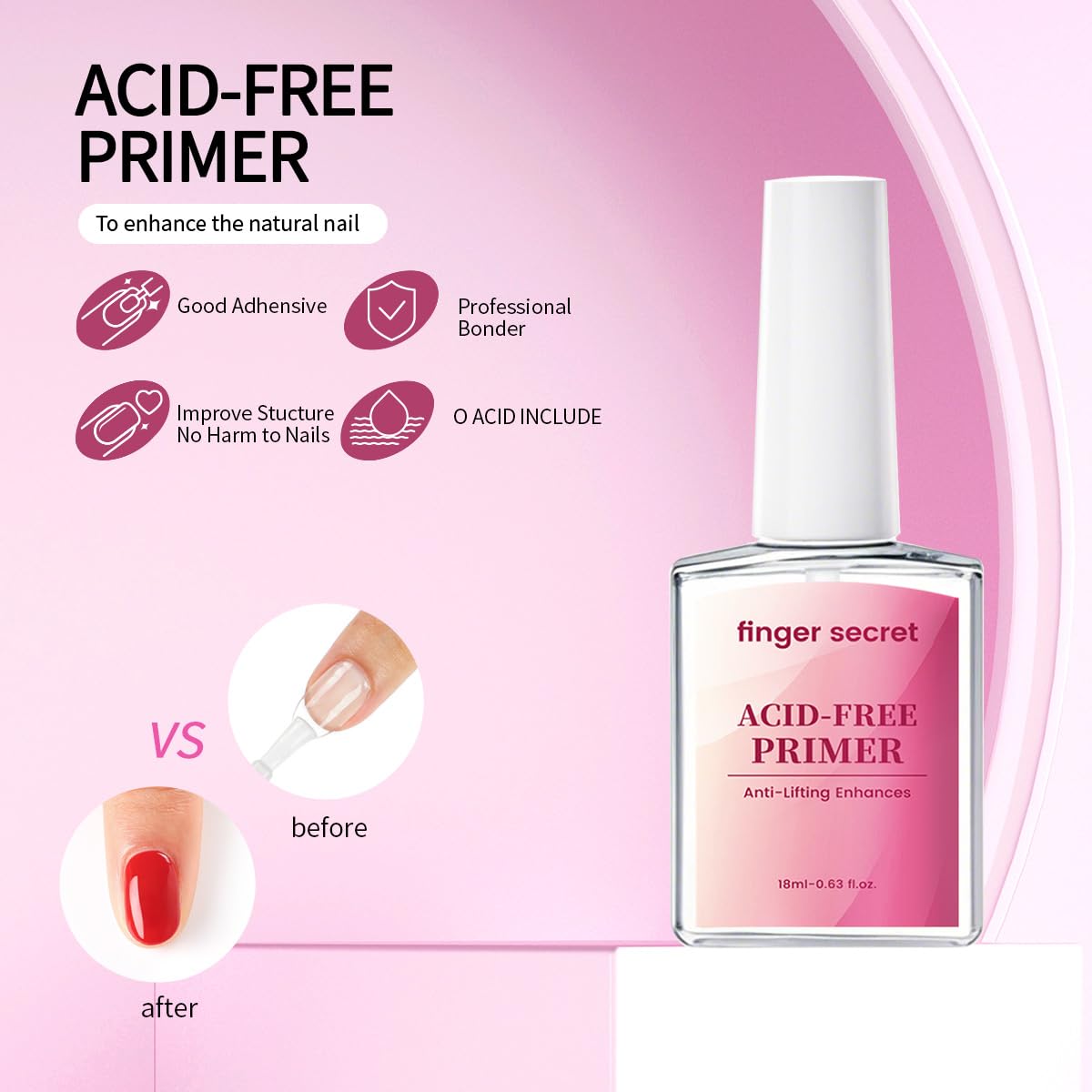 FINGER SECRET Acid-Free Primer Nail Prep Base coat,18ml Quickly dry Primer. Anti-Lifting Enhances Adherence Bonder Non-Acid for Acrylic Nails Press on Tips Powers & UV Gel