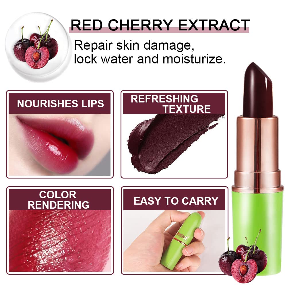evpct 2Pcs Black Red Cherry Magic Mood Color Changing Lipstick Long Lasting 24 Hours Original for Women, PH Color Change Changing Jelly Lipstick Tinted Lip Balm Stain Gloss Makeup Set, labial magico