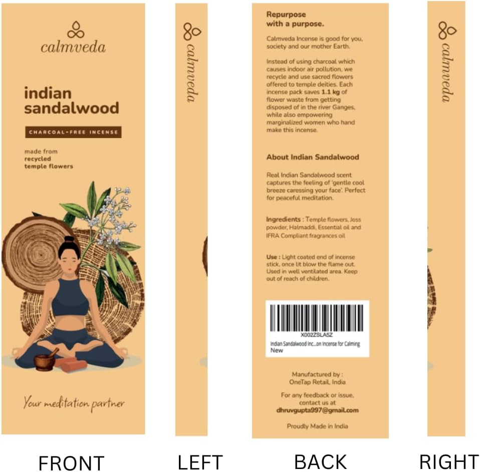 Indian Sandalwood Incense Sticks - 80 Sticks, Charcoal Free, Upcycled Flowers, All Natural, Non Toxic, Meditation & Stress Relief
