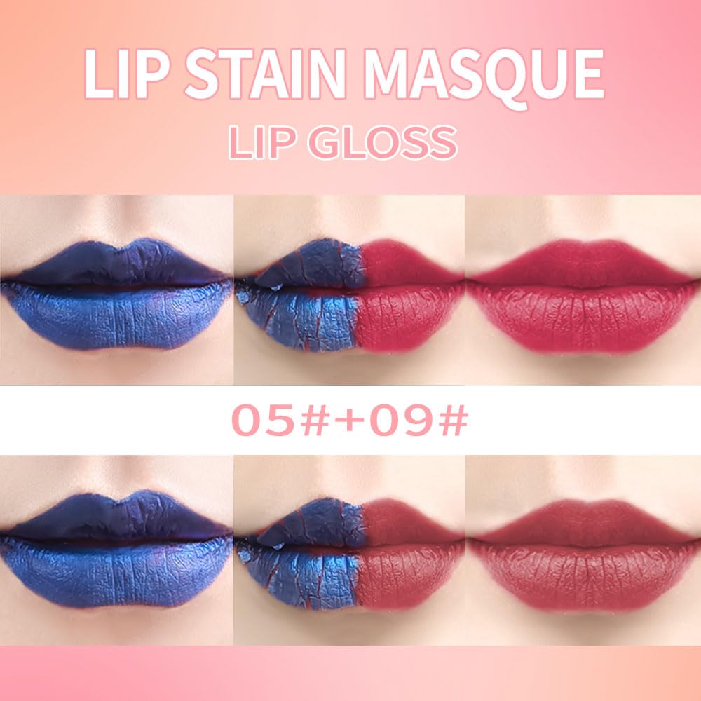 Lip Stain Peel Off Set–Long Lasting Waterproof Lip Tint, Smudge Proof Transfer Resistant Lip Stains Tattoo,High Pigment Matte Lip Color, Kiss Proof Peel Off Lip Stain Masque, Stay Lip Makeup 05+09