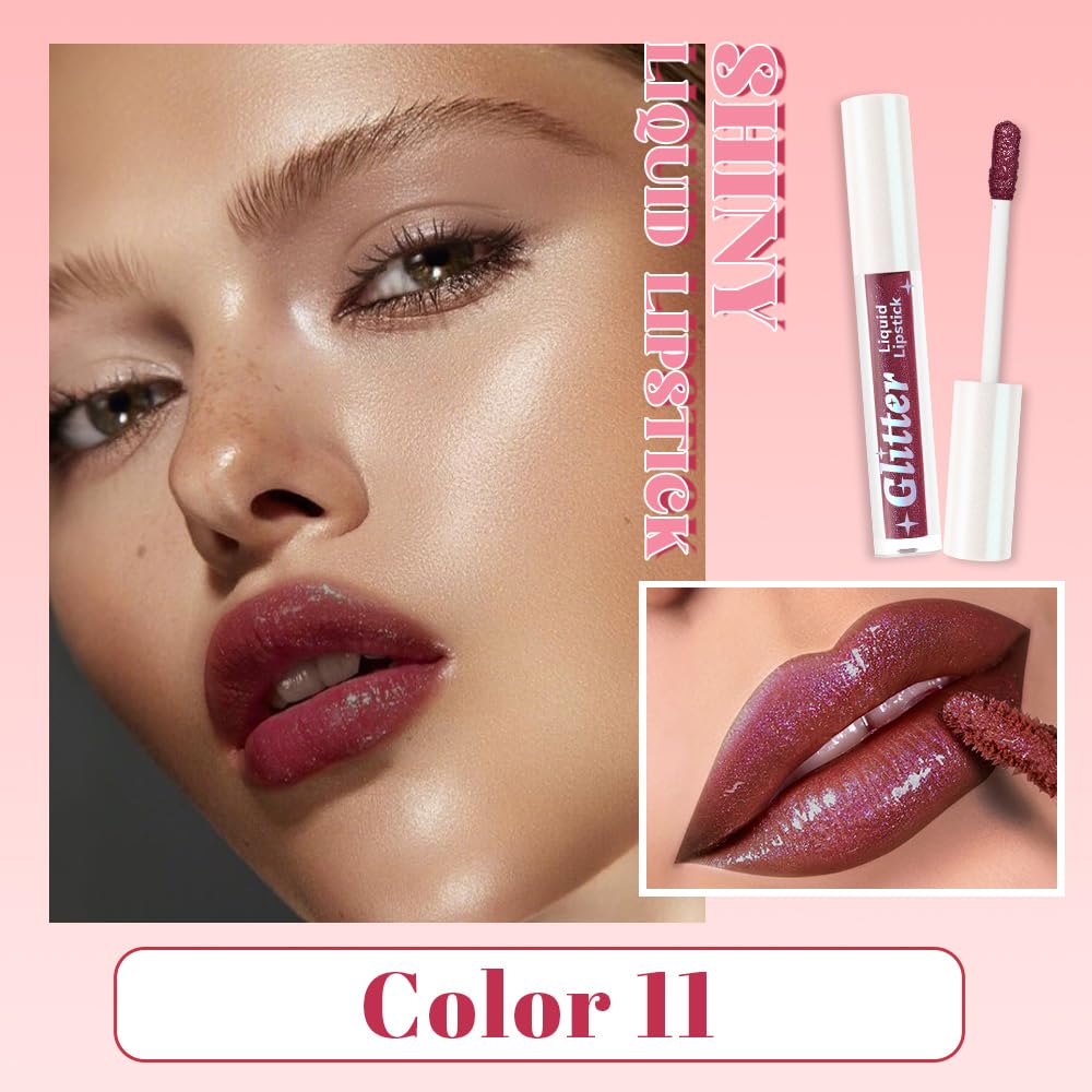 Plum Metallic Lipstick for Women,Lightweight Glitter Sparkling Liquid Lipsticks,Shimmer Lip Gloss Stain Long Lasting Waterproof Smudge Proof Non-Drying 24 Hour Full Coverage Lip Makeup,Vegan