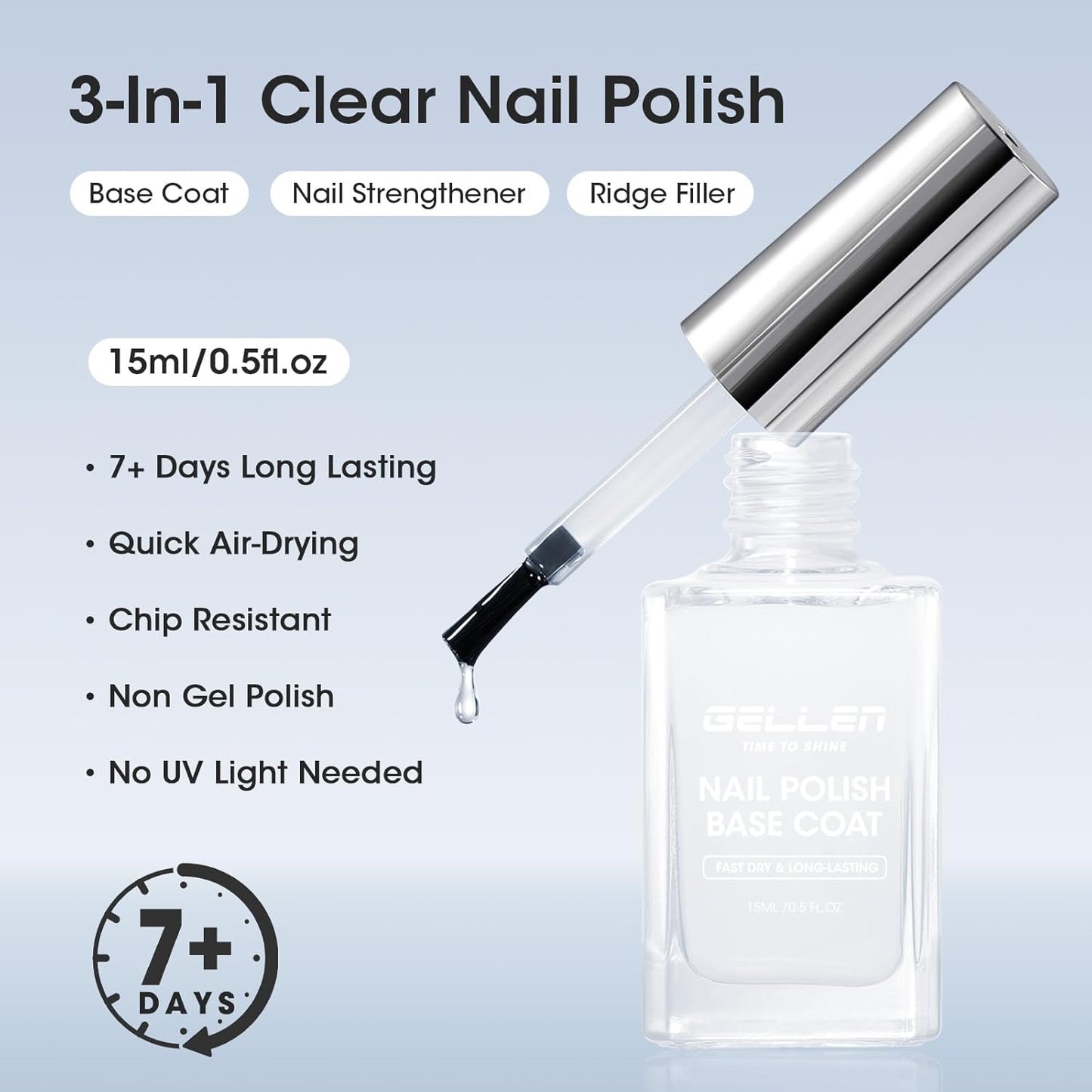 GELLEN Clear Nail Polish Base Coat, Calcium-Formula Nail Base Coat Strengthener Strengthens Nails, Anti-yellowing, Quick Air Dry, No UV Gel, Hema Free, Non-toxic, No Chip, Long Lasting, Protect Nails