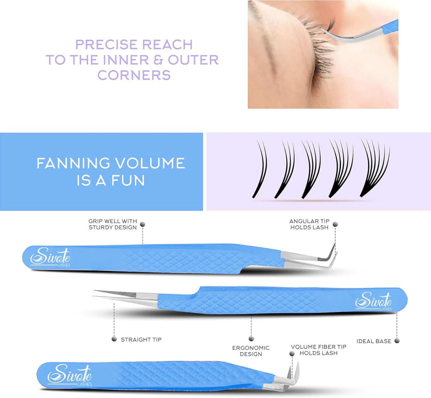SIVOTE Lash Tweezers for Eyelash Extensions, Pack of 5 Blue – Lash Extension Tweezers Set with Diamond Grip, Precision Fiber Tip for Volume Tweezers Eyelash Extensions