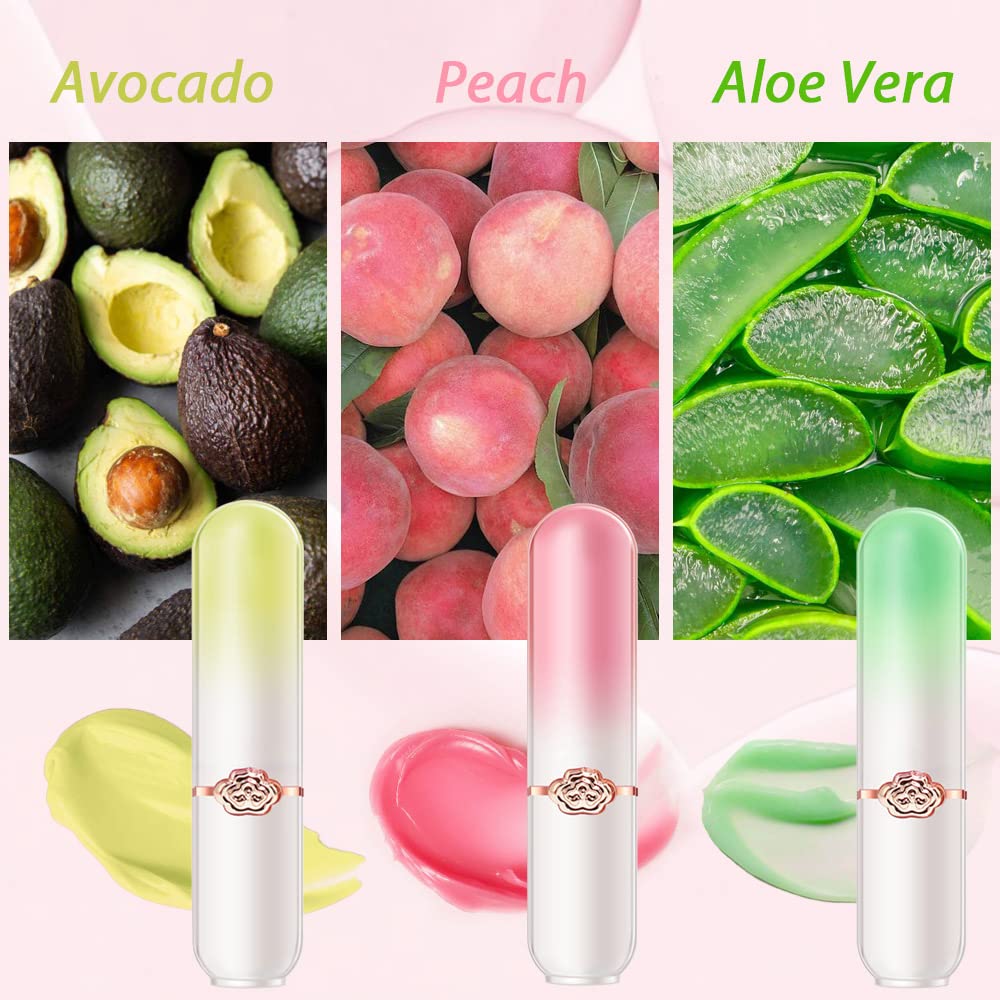 evpct 3Pcs Aloe Vera Avocado Peach Tinted Lip Balms Tint Stain Lipstick for Women PH Color Changing Lipstick Balm Stain Gift Set Queen Girls Korean Mood Long Lasting Color Change Light Pink Lipstick