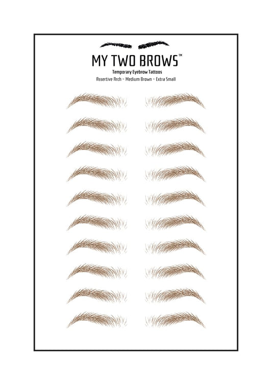 (10 pairs) Medium Brown Temporary Eyebrow Tattoo - Extra Small Size - Waterproof & Smudgeproof - Assertive Arch Style Eyebrow Stickers - Sheet Lasts up to 30 Days - Won't Work on Existing Brows