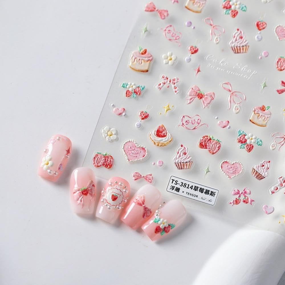 5D Embossed Pink Nail Stickers for Nail Art Cake Strawberry Bow Nail Art Stickers Nail Decals Self Adhesive Cute Nails Design Manicure Supplies Charm for Women Nails Decorations