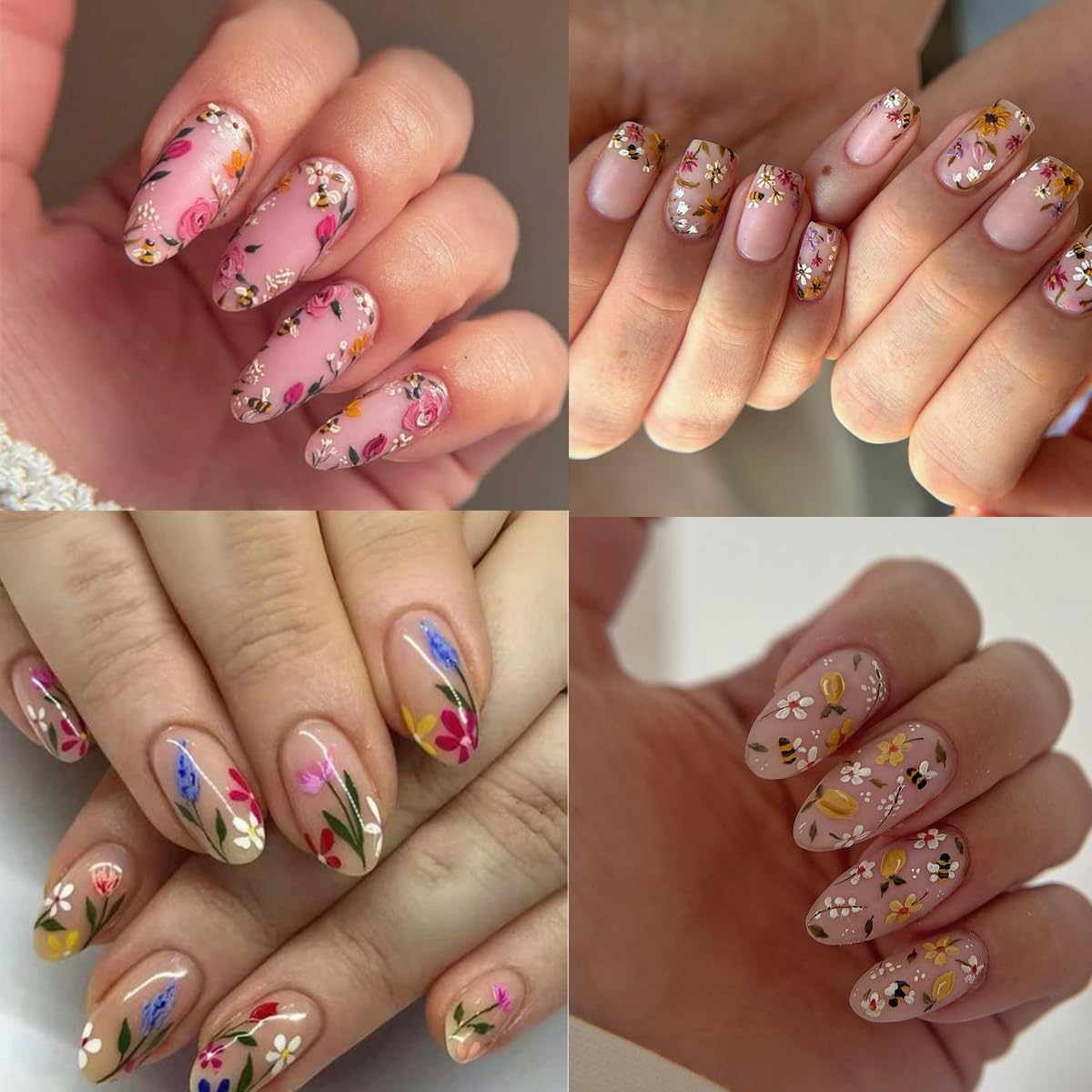 5D Flowers Nail Stickers for Nail Art Cute Bee Ladybug Small Floral Nail Decals Self-Adhesive Summer Nail Art Stickers Strawberry Peach Blossom Leaf Nail Design Manicure Supplies for Women 4 Sheets