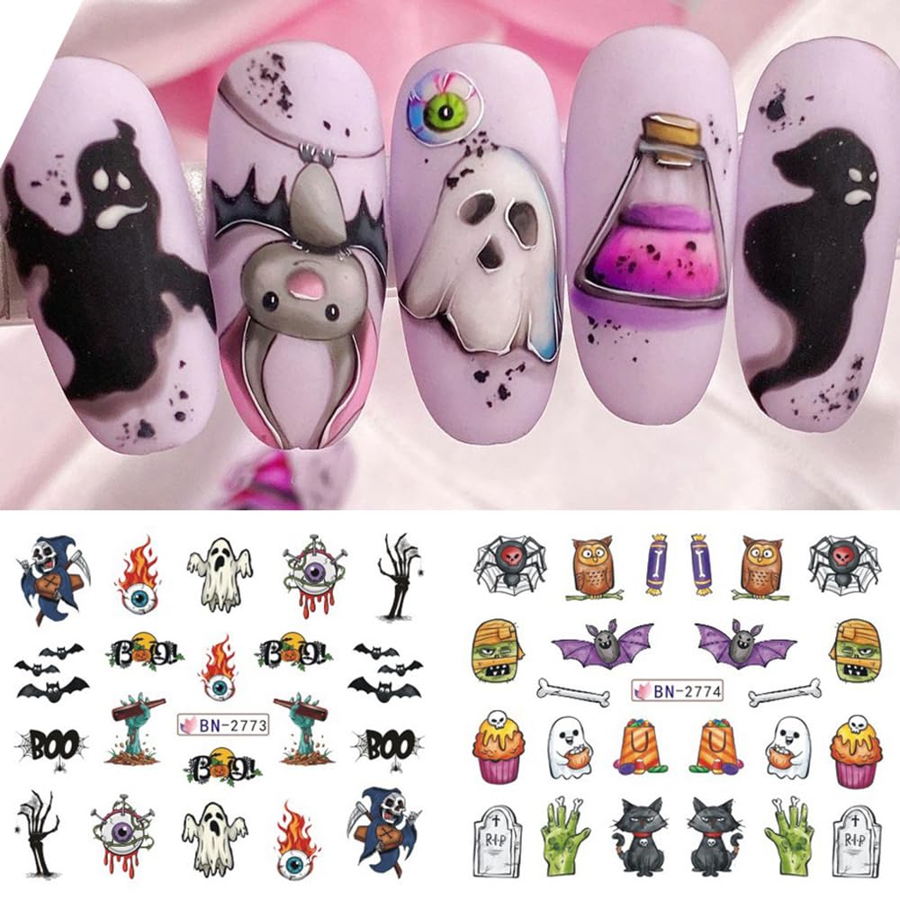 Halloween Nail Stickers 12 Sheets Pumpkin Halloween Nail Art Supplies Decorations Water Transfer Nail Decals Cute Ghost Witch Bat Skeleton Spider Design Watermark Slider Nail Foils for Women DIY