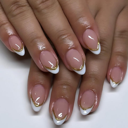 French Press On Nails Short Almond, Nude Fake Nails with White French Tip and 3D Minimalist Gold Line Design, Glossy Gel Finish Acrylic Nails, Natural Reusable Glue On Nails Kit for Women, 24Pcs