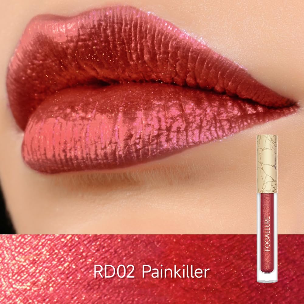 FOCALLURE Metallic Liquid Lipstick,Non Stick Cup Lip Gloss,High Impact Lip Color with Transfer-proof Wear,Long Lasting & Waterproof Lipstick Makeup for Women,RD02 Painkiller