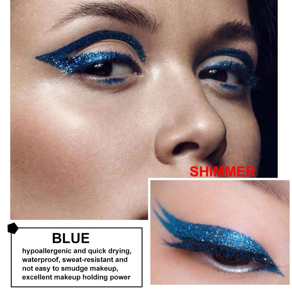 evpct 2Pcs Green & Royal Blue Glitter Shimmer Liquid Eyeliner Eye Shadow Makeup Pencil Set, Green Blue Face Body Glitter Makeup Fake Eyelashes Mascara, Sparkle Metallic Colored Eyeliner Waterproof
