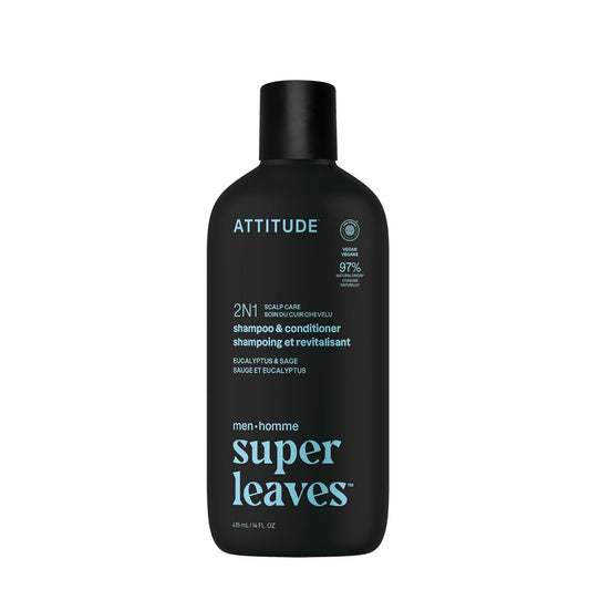 ATTITUDE Men's Shampoo and Conditioner 2-in-1, Scalp Care for Build Up & Oily Hair, Refresh With Peppermint & Willow Extract, 97% Natural Origin Ingredients, EWG Verified, Eucalyptus & Sage, 14 Fl Oz