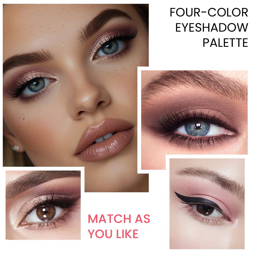 4 Colors Matte & Metallic Shimmer Eyeshadow, Velvety Creamy Formula Eye Makeup, Highly Pigmented, Blendable Nude Champagne Gold,Light&Dark Brown Eyeshadows for Women A Built-In Mirror 02#