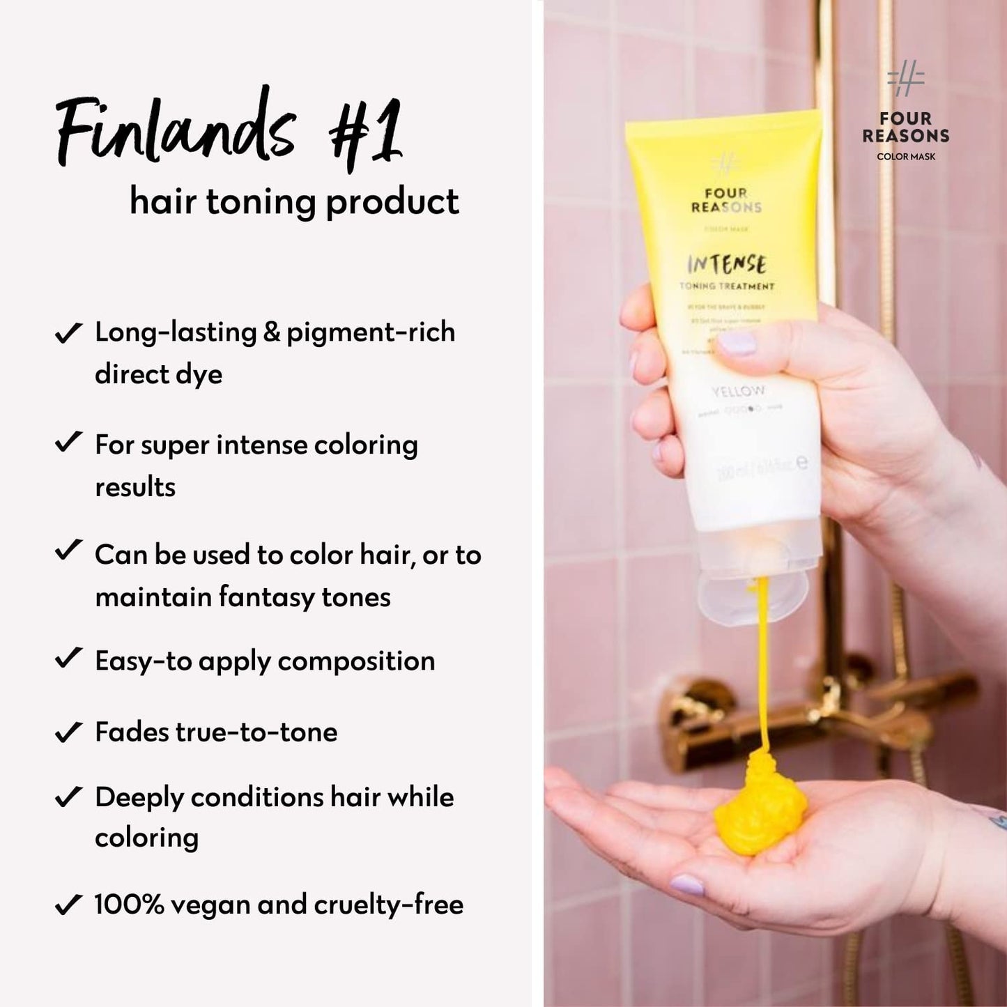 FOUR REASONS Color Mask INTENSE- Yellow – (27 Colors) Intensive Toning Treatment - Color Depositing Conditioner – Semi Permanent Hair Dye for Lightened and Colored Hair– 100% Vegan, 6.76 fl oz