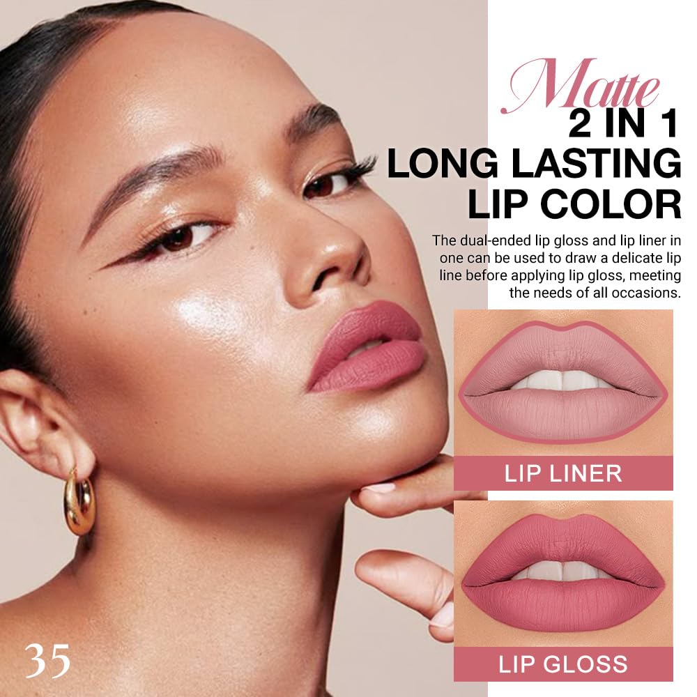 evpct 1Pcs Mauve Pink Matte Lip Liner and Liquid Lipstick Stain Makeup Set for Women, Light Mauve Long Lasting Smudge Proof Lipstick labiales matte mate larga duracion listip 24 hours originales, 35#