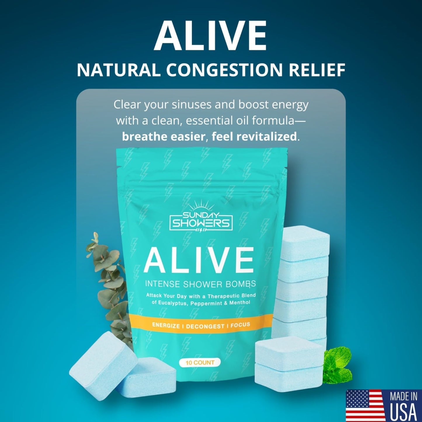Alive Shower Bombs 10-Pack – Made in USA | Powerful Aromatherapy Steamers with Eucalyptus, Peppermint & Menthol | Energizing Scent for Morning Focus & Breathing Boost | Natural Self Care Gift