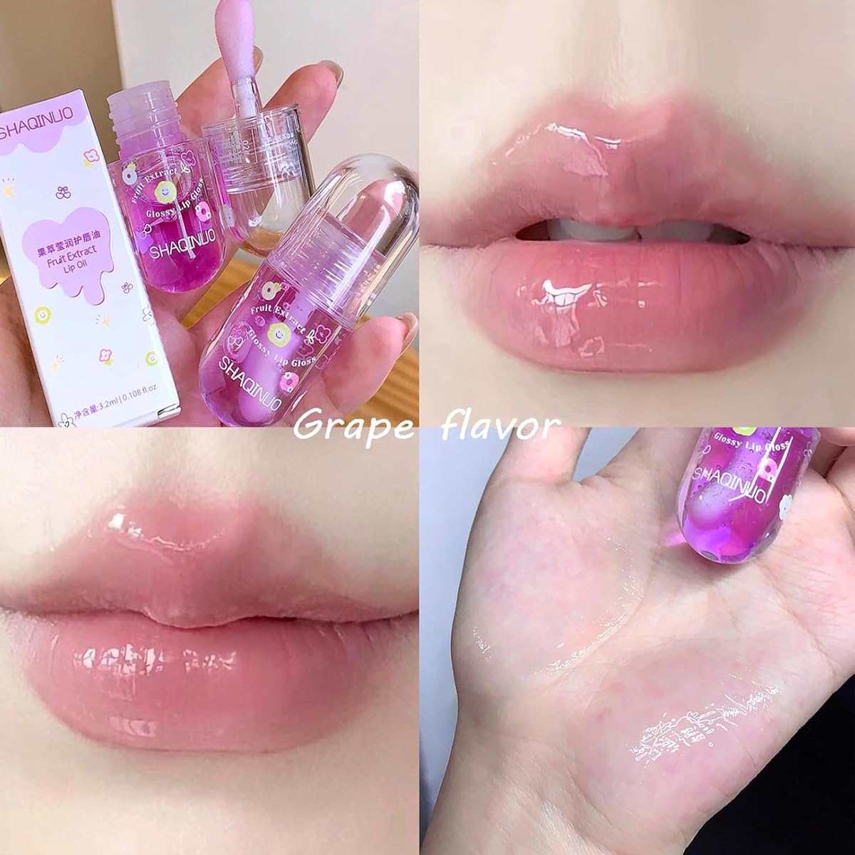 4Pcs Fruit Flavored Lip Gloss Oil Set,Big Brush Head Lip Oil,Cute Lip Hydrating Nourishing Lip Gloss, Jelly Glossy Finish Lip Glow Oil,for Kids and Teens, Kid Friendly, Party Gift, Non-toxic