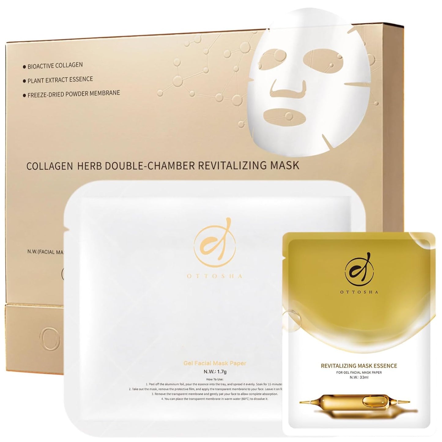 Bioactive Collagen Face Mask for Women & Men Skin Care Beauty SPA,Separated Essence 33ml and Powder Membrane, Hydrating,Repairing,Brightening,Revitalizing, Anti-Aging (5 pairs)