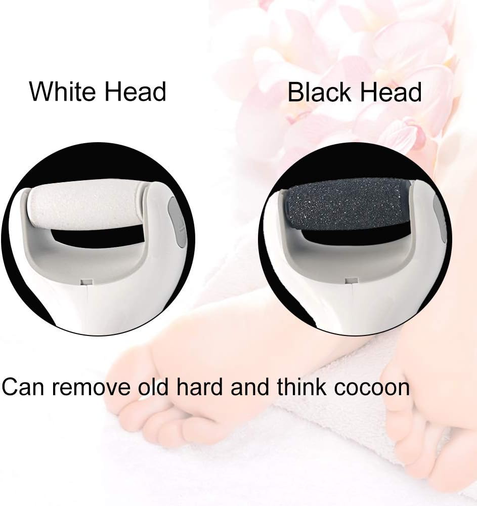 BOMPOW Electric Foot Scrubber Foot File Hard Skin Remover Pedicure Tools Electronic Callus kit for Cracked Heels and Dead Skin with 2 Roller Heads, White