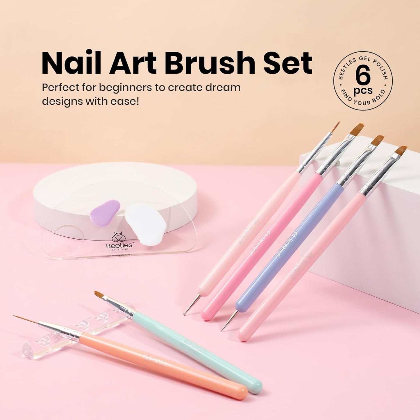 Beetles Nail Art Brushes, 6pcs Nail Art Tool Set, Nail Double-headed Dotting Tools, Striping Nail Art Brushes for Long/Short Lines, Nail Drawing Pen with Nail Brush Holder&Palette For Nail Design