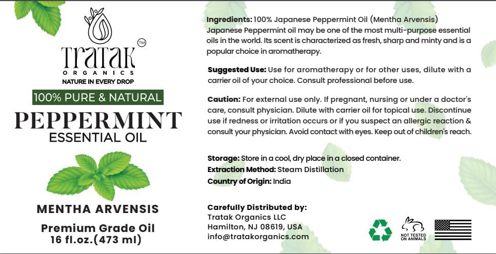 16 fl oz - Peppermint Essential Oil 100% Pure, Uncut and Natural, 16 fl oz - Peppermint Essential Oil for Aromatherapy, Diffuser, Hair Care, Skin Massage - with Dropper