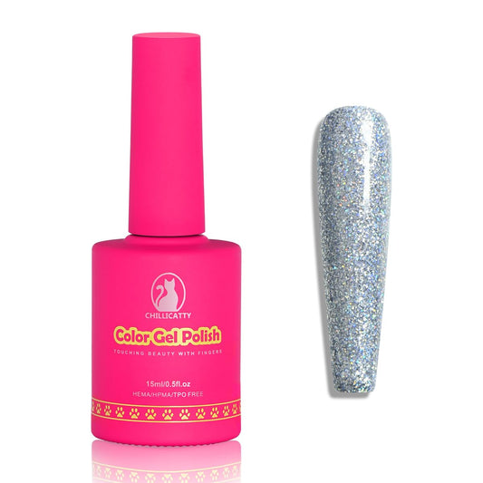 Holographic Glitter Gel Nail Polish, HEMA HPMA TPO Free, Silver Sparkle shimmer, Need UV Lamp Long Lasting Salon Perfect Gel Nail 15ML for Women (BJ-001)