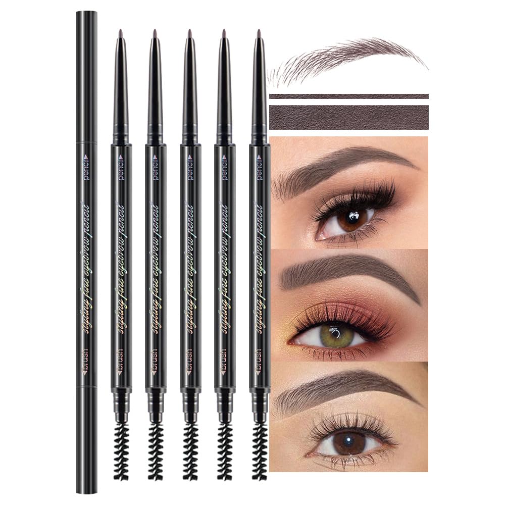 Ultra-Fine Eyebrow Pencils for Women, Waterproof Dual-Sided 5 Pack Taupe Eye Brows Pen, Draws Tiny Brow Hairs, Defines, Fills, Shapes, Contours, Combs -Milk Tea