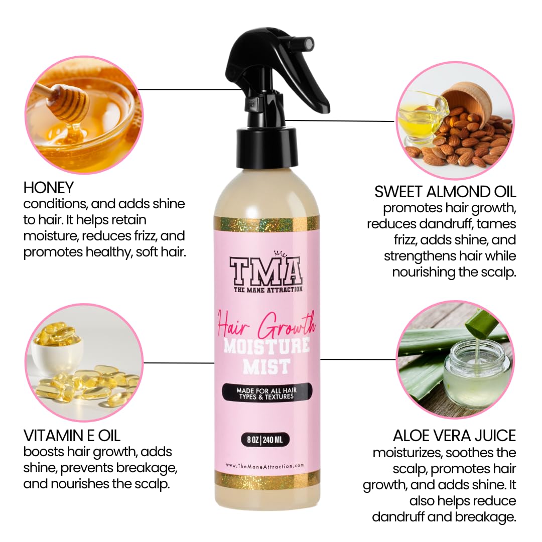 The Mane Attraction’s Nourishing Daily Hair Growth Moisture Mist for ALL Hair Types, Lightweight Moisturizer for Thicker, Longer Hair. Infused with Aloe Vera Juice, Sweet Almond Oil, and Honey. 8oz