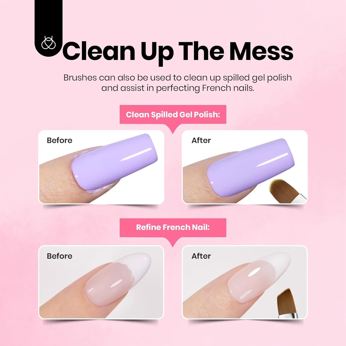 Beetles Nail Art Brushes, 6 Pcs Fingernail Art Design Pens, Pink Handle French Tip Ombre Clean Up Nail Brush Set for Gel Polish with Palette DIY Manicure Tools Gift for Women