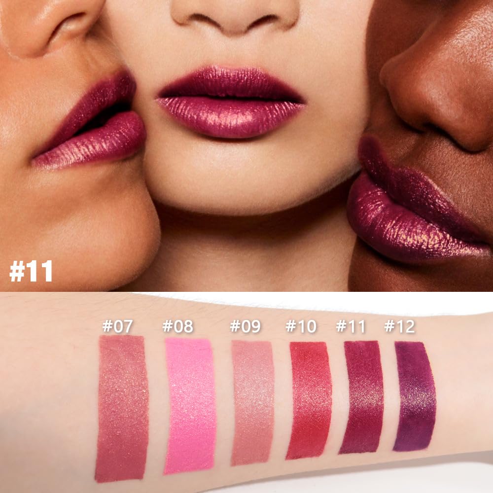3Pcs Metallic Lipstick for Women,Lightweight Shimmer Frosted Lipstick,Glitter Lip Gloss Stain Long Lasting Waterproof Smudge Proof 24 Hour Full Coverage Lip Makeup,Vegan（10,11,12)