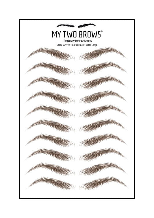 (10 pairs) Dark Brown Temporary Eyebrow Tattoo - Extra Large Size - Waterproof & Smudgeproof - Sassy Swerve Style Eyebrow Stickers - Sheet Lasts up to 30 Days - Won't Work on Existing Brows