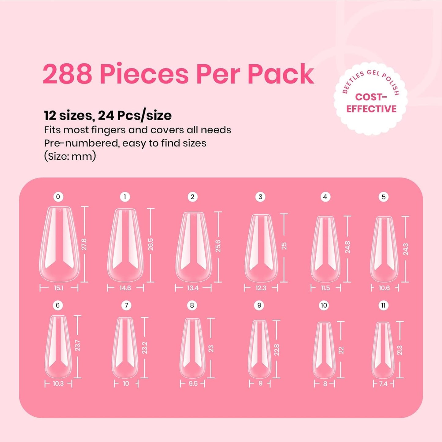 Beetles Gel Nail Tips Easy Nail Extension Pre-shaped Medium Coffin Nail Tips 12 Sizes 288Pcs Gelly Tips Clear Press on Nail Tips Full Cover False Nails Gifts for Girls Women