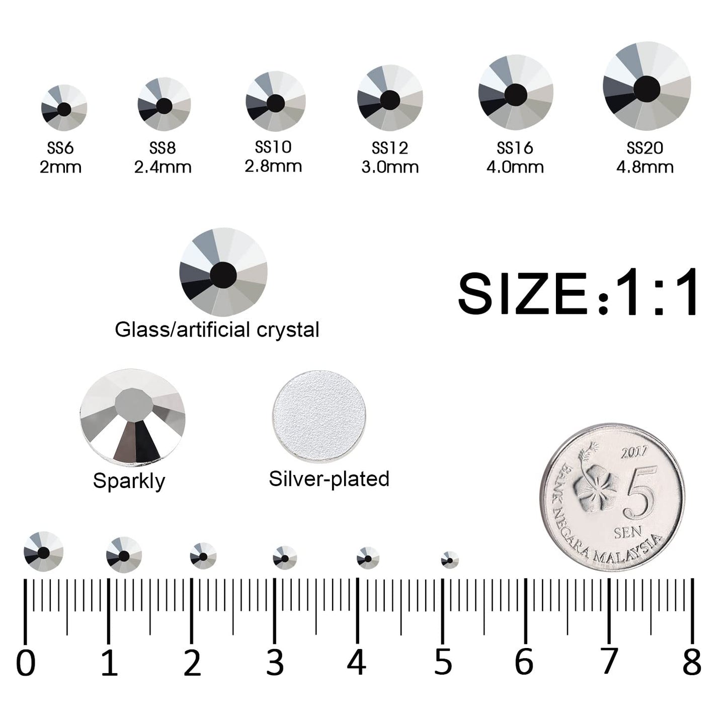 4240Pcs Silver Flatback Rhinestones 6 Sizes Crystal Diamonds for Nail Art Crafts Clothes Shoes with Tweezers and Picking Pen