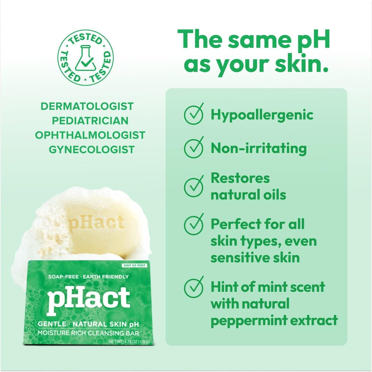 ANDREW LESSMAN pHact Moisture-Rich, Soap-Free Cleansing Bar Hint of Mint. Natural Skin pH. All Skin Types - Even Sensitive Skin. Hypoallergenic. Dermatologist Tested. 3 Pack 4.25 oz each