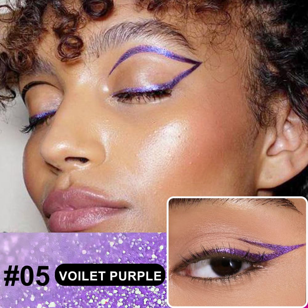 Violet Purple Metallic Glitter Liquid Eyeliner Pen – Long-Lasting Sparkly Waterproof Eyeliner for Women & Men – Tattoo-Effect Eye Makeup for Parties – Delineador Líquido con Brillo 05