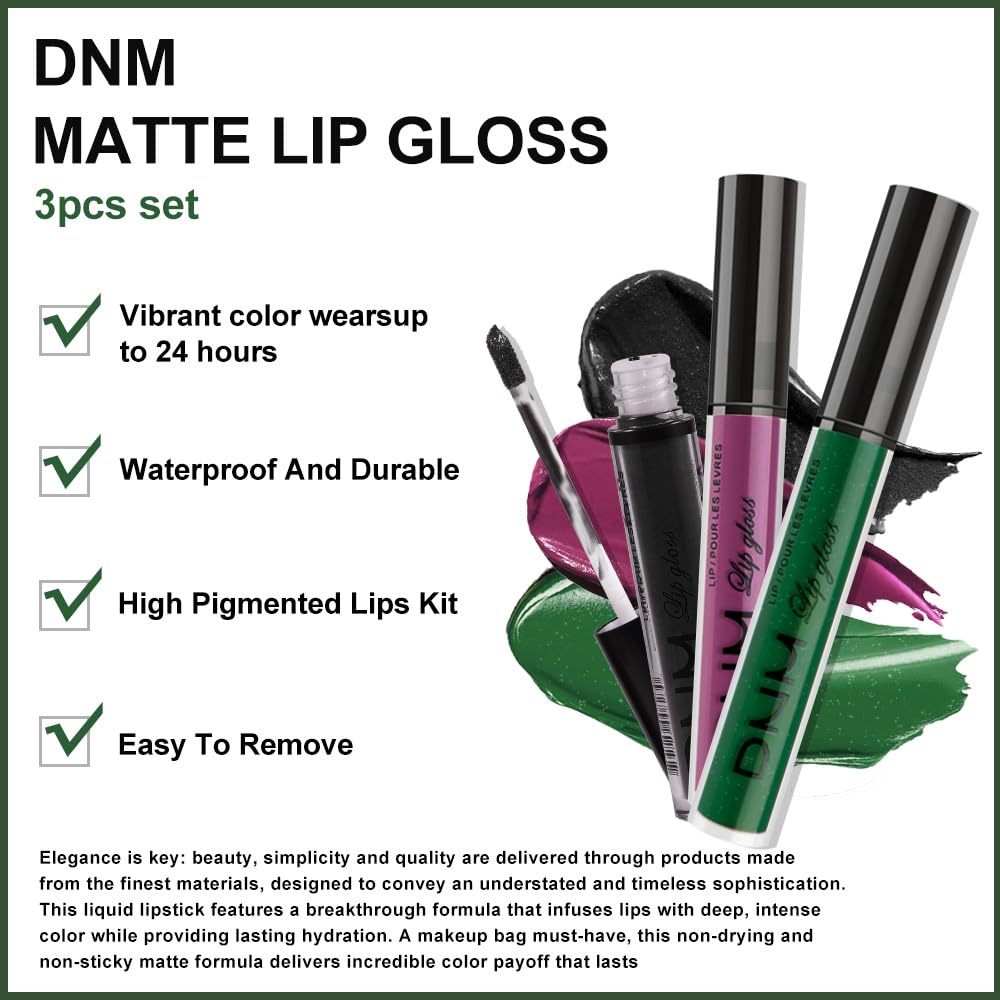 evpct 3Pcs Dark Black Grape Plum purple Emerald Green Matte Liquid Lipstick Lip Stain Sets for Women Matte+Lipstick Long Lasting 24 hr Hours Magic Lipstick 24 Hours original Waterproof 18#