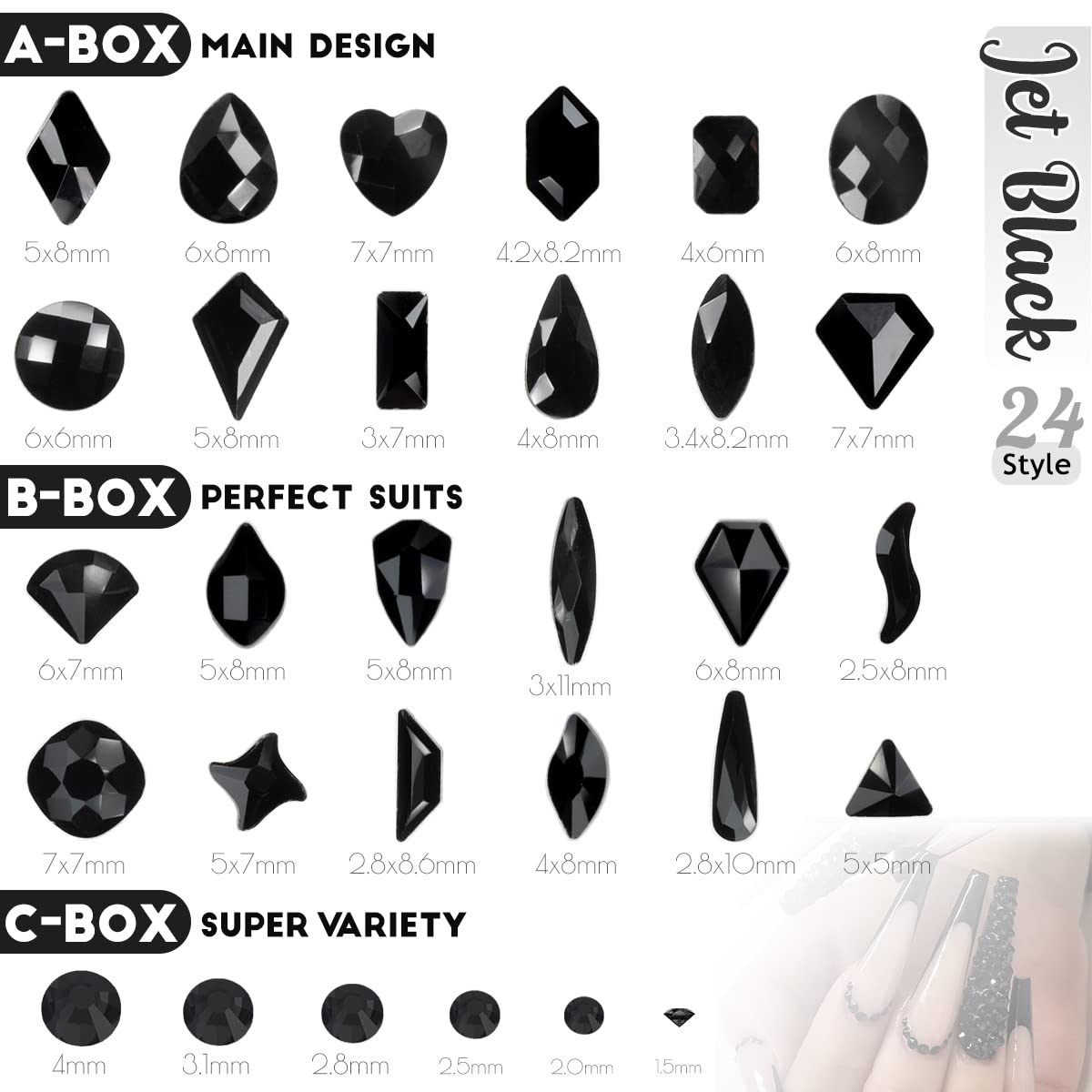 3 Boxes Jet Black Nail Rhinestones 240 Multi-Shapes Stones for Nails Big Gems K9 Glass Flatback Round Beads Diamonds Jewels Nail Art Charms for Face Eyes Makeup Crafts Tumblers Bottles Clothes