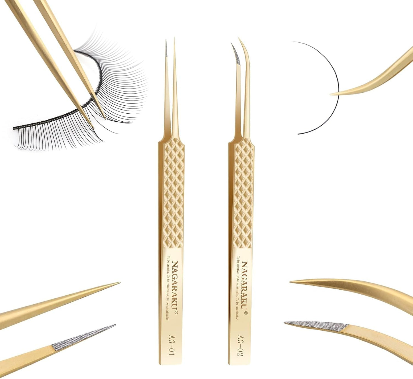 NAGARAKU 1 Pair Precision Fiber Tip Tweezer for Eyelash Extensions Professional Eyelash Tweezers Antistatic Straight & Curved Tip Tweezers with Box(Isolation & Volume Lash Tweezers AG-01 & AG-02)
