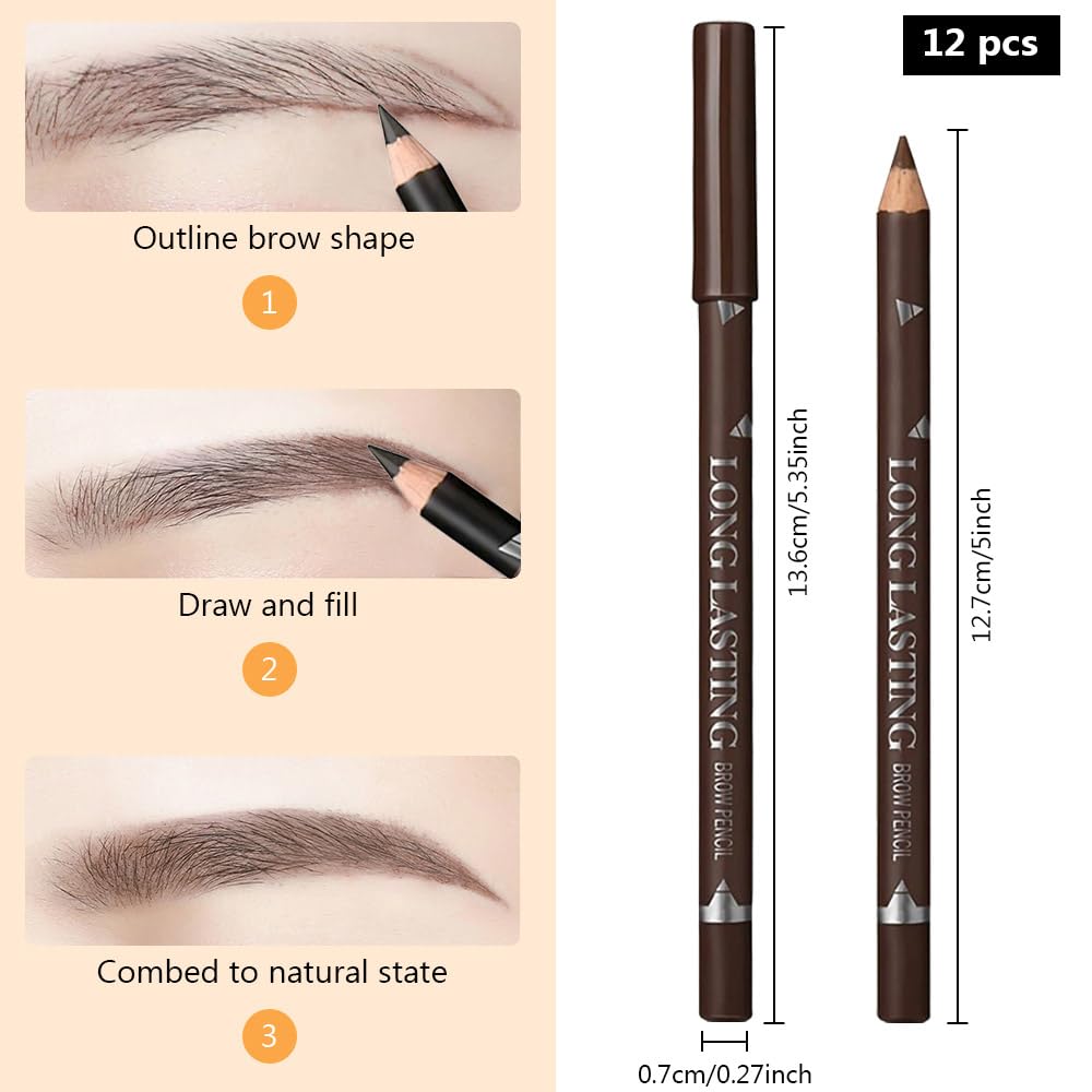 12Pcs Eyebrow Pencils for Women, Wooden Hard-Core Brown Eyebrow and Eyeliner Pencil, Long Lasting Waterproof and Sweat-Proof, Beginner Makeup Brow Pencil, Create a Natural Eye Brow Makeup